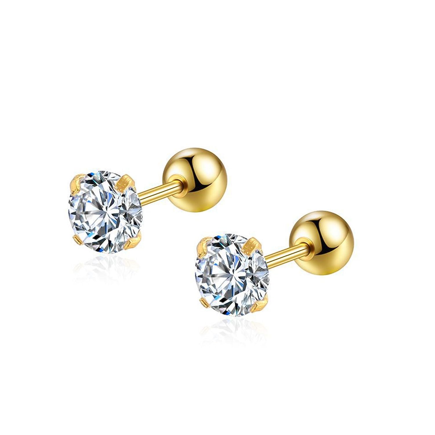 FASHIONS 4mm 18K Gold Plated Stainless Steel Anti Tarnish Medium White Stone Ear Studs Barbell Hypoallergenic Lightweight Piercing Stud Earrings for Boys-image-30