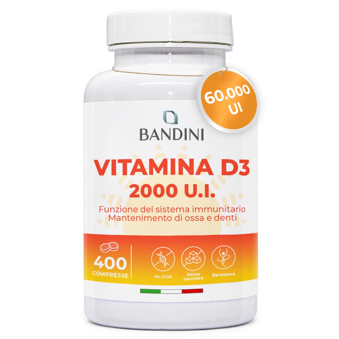 Bandini® Vitamin D 60,000 IU/Month 400 Tablets (+1 Year), Immune Defenses, Bone Health, Teeth and Muscles, Calcium Metabolism, 50 mcg Cholecalciferol, Pure Vitamin D3 High Dose