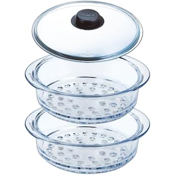 Pyrex - Double 20cm Steamer Basket and Lid with Knob Steaming Borosilicate Glass 2 Steamer Baskets ALB238-LOG