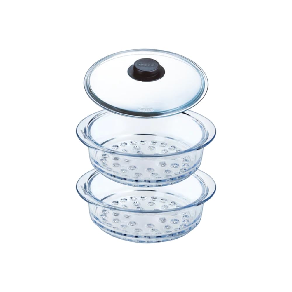 Pyrex - Paniers vapeur 20cm et son Couvercle avec bouton - Lot ou unité - Verre Borosilicate - Made in France (Double - 20 cm)