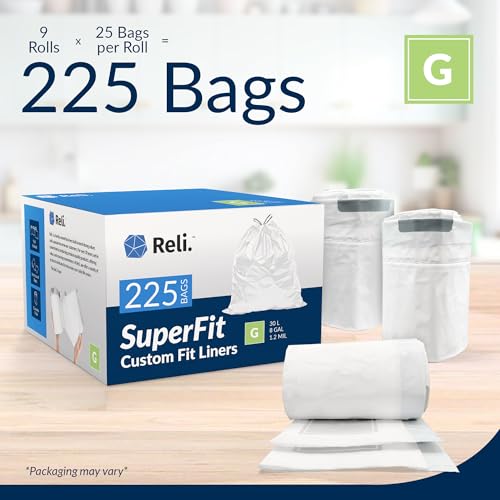 Reli. SuperFit Code G (225 Count) | Compatible with Simplehuman Code G | Custom Fit Liners | Drawstring Trash Bags | 30 Liter / 8 Gallon | White | Roll Pack