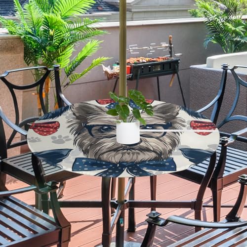 Tablerazzi Puppy Dogs Funny Round Outdoor Tablecloth with Umbrella Hole and Zipper Fitted Tablecloth Wipeable Table Cloth for Picnic Garden, 36''-44''