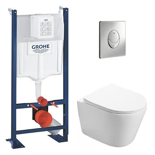 WC Suspendu Pack Complet Accessoires - Pack WC Grohe Bâti autoportant, WC SAT Infinitio sans bride, Plaque chrome, Abattant WC,Cuvette Toilette, Chasse d'eau Wc, Mécanisme