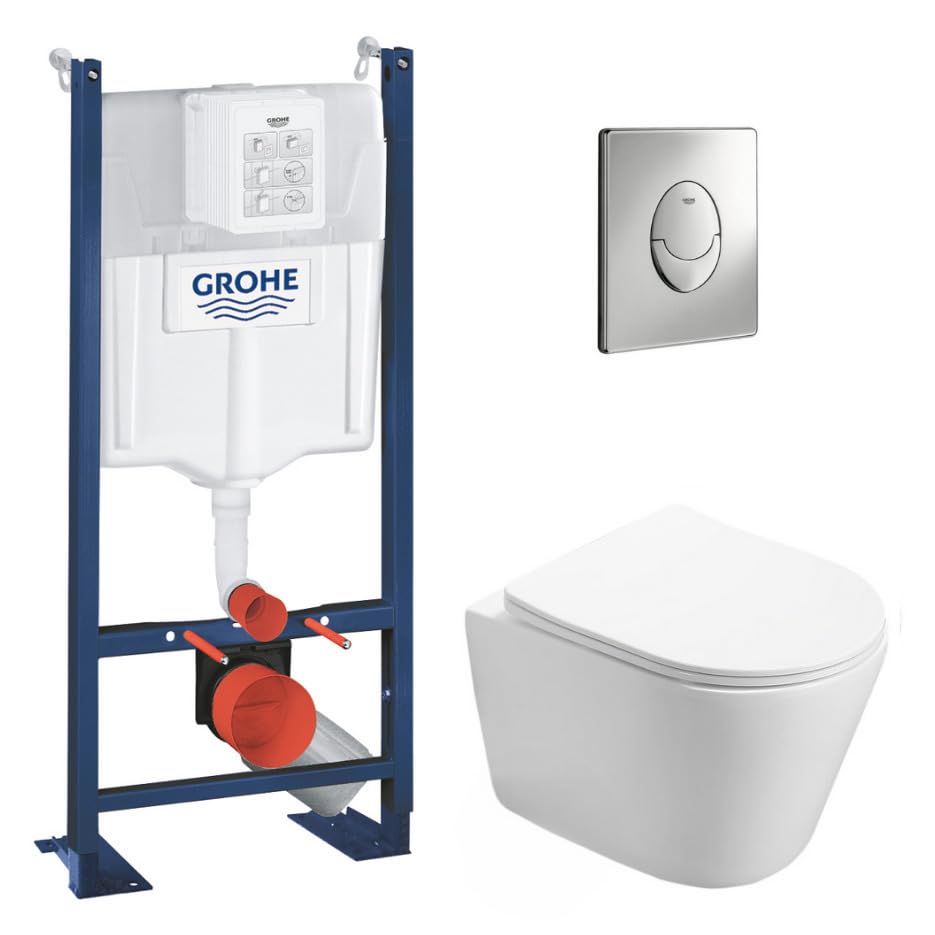WC Suspendu Pack Complet Accessoires - Pack WC Grohe Bâti autoportant, WC SAT Infinitio sans bride, Plaque chrome, Abattant WC,Cuvette Toilette, Chasse d'eau...
