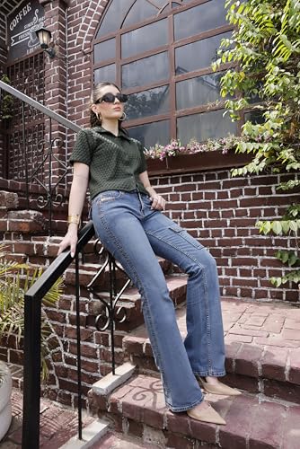 Image of Zilcon Women's Textured Polo Collar Shirt | Short Sleeve Button-Down Casual Crop Top | Soft Stretch Everyday Fashion Shirt