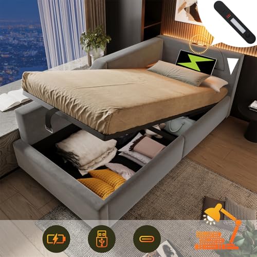 LuxeLiving Polsterbett 90x200 cm Tagesbett, Bettgestell mit hydraulischem Stauraum, Leselicht, Ladefunktion, Jugendbett Kinderbett Einzelbett Schlafsofa mit Lattenrost, Grau, Ohne Matratze