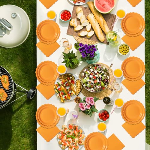 PYAILI Orange Partygeschirr, 96 Stück Pappteller Set mit Blumenmuster für 24 Gäste, Papier Teller Pappbecher Servietten für Geburtstag, Muttertag, Babyparty, Bridgerton, Teeparty