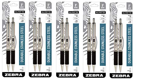 Zebra Pen 29212 Zebra F-402 Ballpoint Stainless Steel Retractable Pen, Fine Point, 0.7mm, Black Ink, 2-Count - 5 Pack