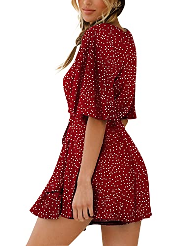 Relipop Women's Rompers Wrap V Neck Flared Sleeve Waist Tie Zip Back Layered Ruffle Hem Short Floral Romper Jumpsuits #TOP1