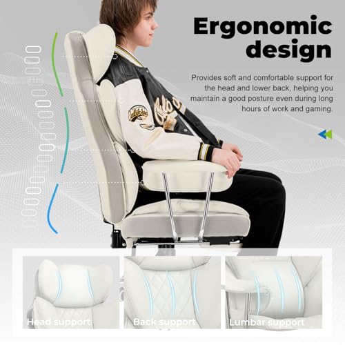 COMHOMA Big and Tall Office Chair, High Back Leather Gaming Chair with Footrest, Executive Ergonomic Office Chairs with Pocket Spring Lumbar Support and with Outward Fixed Soft Armrests
