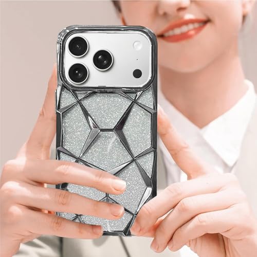 Image of VONZEE Gradient Glitter Back Cover Case Compatible with iPhone 17 Pro, Luxury Electroplated 3D Cube, Diamond Bling Shiny Soft TPU Clear Shockproof Women Girls Protective Phone Cover (Grey)
