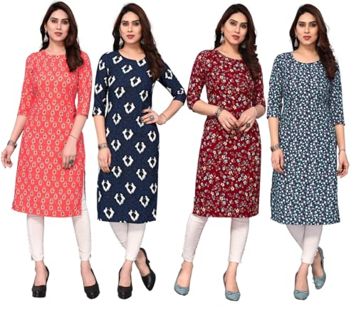 Image of JAKHANA Women's Crepe Printed Casual Straight Calf Length Round Nick Kurta Pack of 4