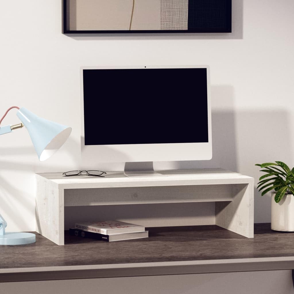 Supporto per monitor bianco, 50 x 27 x 15 cm, in legno di pino massiccio, rialzo per monitor per ufficio e scrivania, supporto ergonomico per monitor