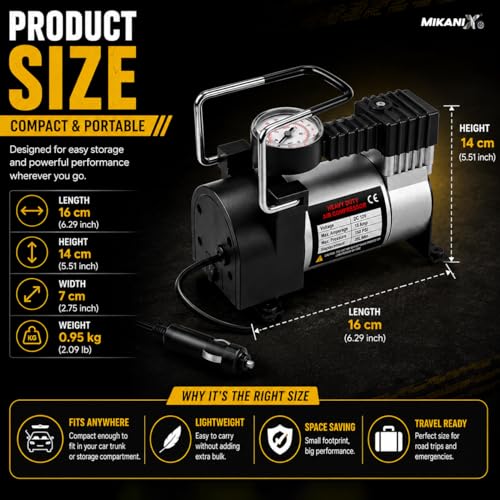 Image of MIKANIX Heavy Duty Portable Inflator Air Pump Compressor with 150psi Pressure Gauge | 12V DC | Universal for Car | Bike Cycle Tyre