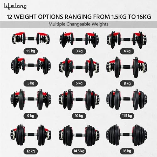 Image of Lifelong Adjustable Dumbbell for Home Gym - 1.5kg to 16kg Easy Dumbbell Weight Adjustment - Iron Weights - Gym Equipment suitable for fitness workout at Home for Men & Women, Black (LLAD03)