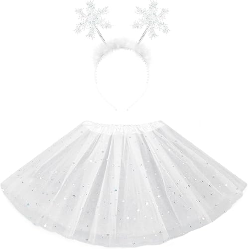 Tutús de princesa blanco para niñas, brillante, 3 capas, falda tutú de tul con diadema de copo de nieve para disfraz de fiesta de Navidad, Blanco