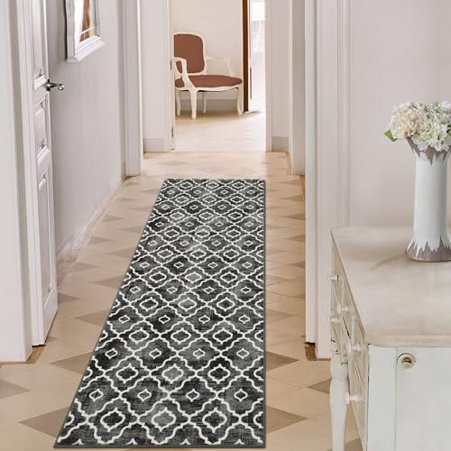 GlowSol Washable Runner Rug 2x6 Hallway Rugs Non-Slip Soft Modern Geometric Farmhouse Low Pile Design Printed Carpet for Kitchen Bathroom Living Room Bedroom Home Decor Grey