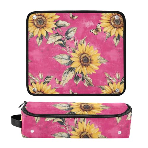 Bolso de viaje resistente al calor para herramientas de cabello Hot Pink Rustic Sunflower con tapete resistente al calor para plancha de pelo y rizador miniatura 3