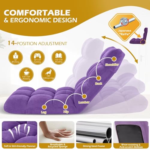 Image of Folding Floor Gaming Chair, Adjustable 14-Position Backrest, 6-Inch Thick Flannel and Skin-Friendly Cotton Sponge, Breathable, Ideal for Gaming, Meditating, Sleeping, Purple