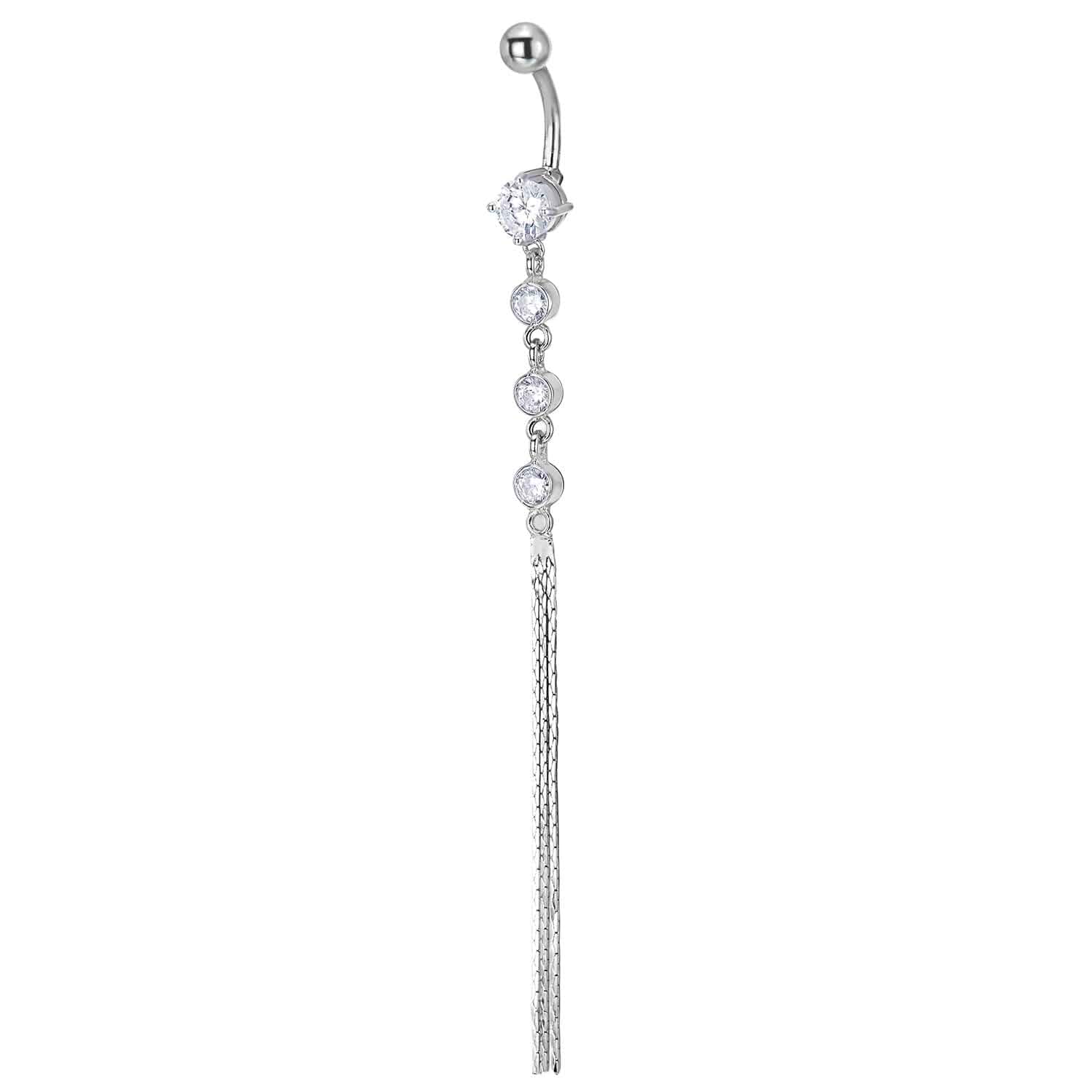 COOLSTEELANDBEYOND Belly Chain Button Ring Body Jewelry Piercing Navel Ring with Cubic Zirconia String Tassel Dangle