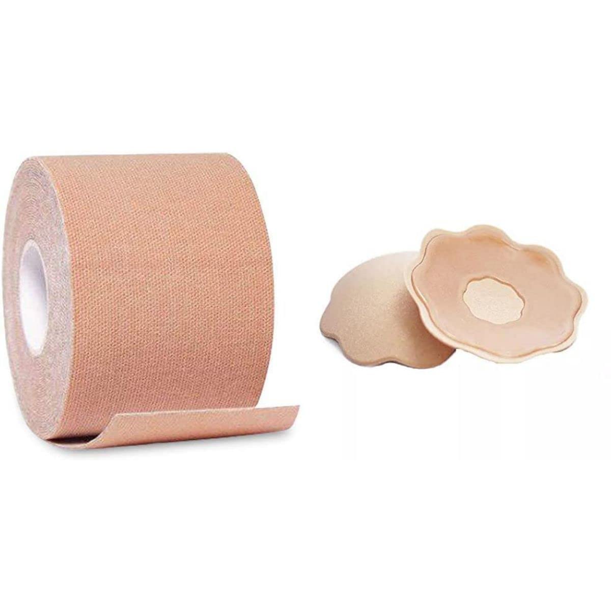 GLAMROOTWomen's Strapless Backless Push Up/Breast Lift Adhesive Body Tape with Nipple Cover Petals,Beige