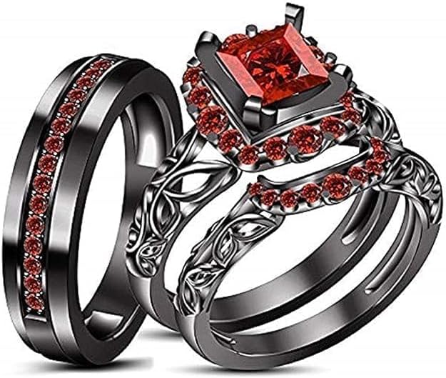 2.00 Ct Princess Cut Created Ruby Wedding Engagement His Her Trio Band Ring Set 14k Black Gold Finish