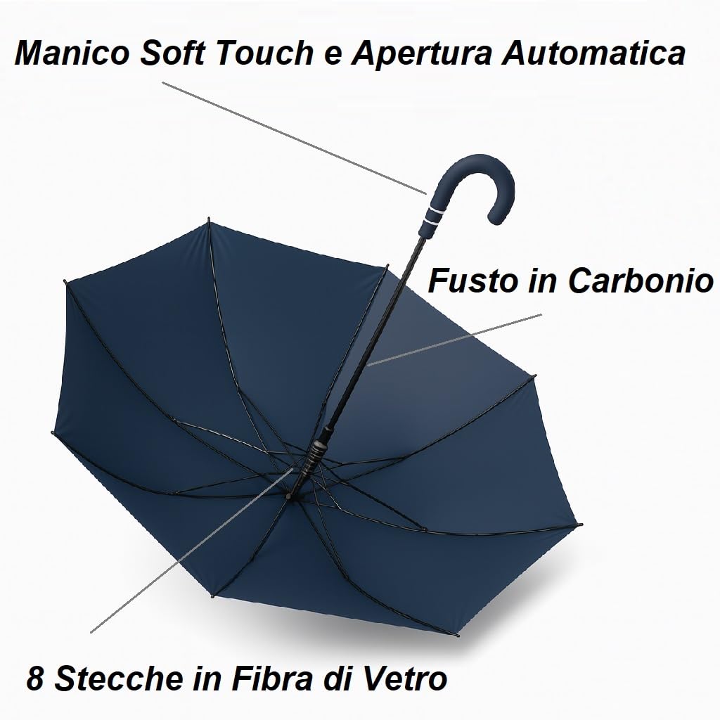DANYX Kit 3 Ombrelli Grandi Antivento Automatici 129cm – Ombrello Uomo Donna con Struttura in Fibra di Vetro e Carbonio, Tessuto Pongee Impermeabile, Manico Curvo Antiscivolo