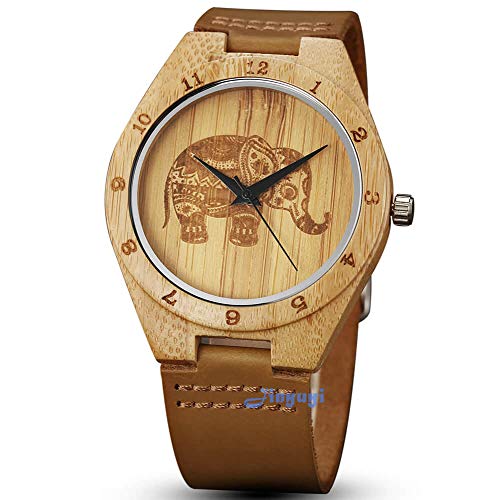 gorben Relojes de Madera para Hombres, Creative Elefante Madera de bambú Relojes Correa de Piel de Vaca Natural Hecho a Mano Ligero japonés Cuarzo Relojes para Mujeres Hombres Caja de Regalo