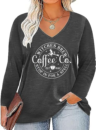 Plus Size Women Halloween Tee Shirt Pumpkin Face Long Sleeve Tee Tops Coffee Letter Print Gift T-Shirt