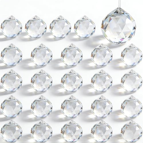 Luxoraiova 24 Stück Kristallkugel 24mm Prisma Sonnenfänger Kristall, hängende Kristalle zum Aufhängen, Regenbogen Anhänger für Fenster, Kronleuchter, Feng Shui & Geschenk