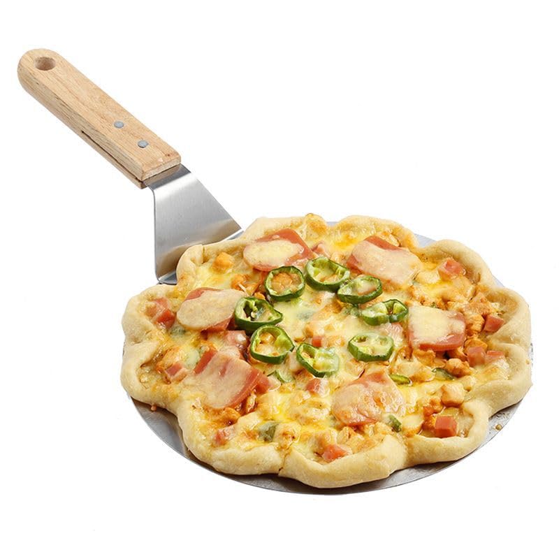 MRKU Pizzaschaufel, Teigschaber, Gebäckwerkzeug-Zubehör, runder Edelstahl-Antihaft-Spatel mit Eichenholzgriff