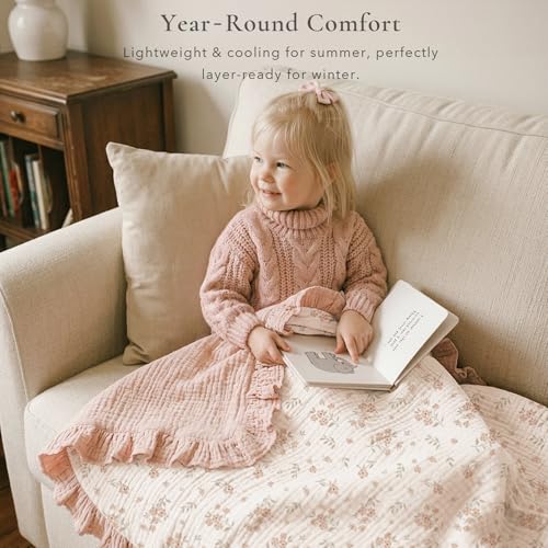 Image of Konssy Flounce Muslin Baby Blanket for Girls Boys 47 x 47 Inches, 100% Cotton Soft Crib Swaddle Blankets, Reversible & Breathable Nursery Bedding for Newborns Toddlers (Blossom)