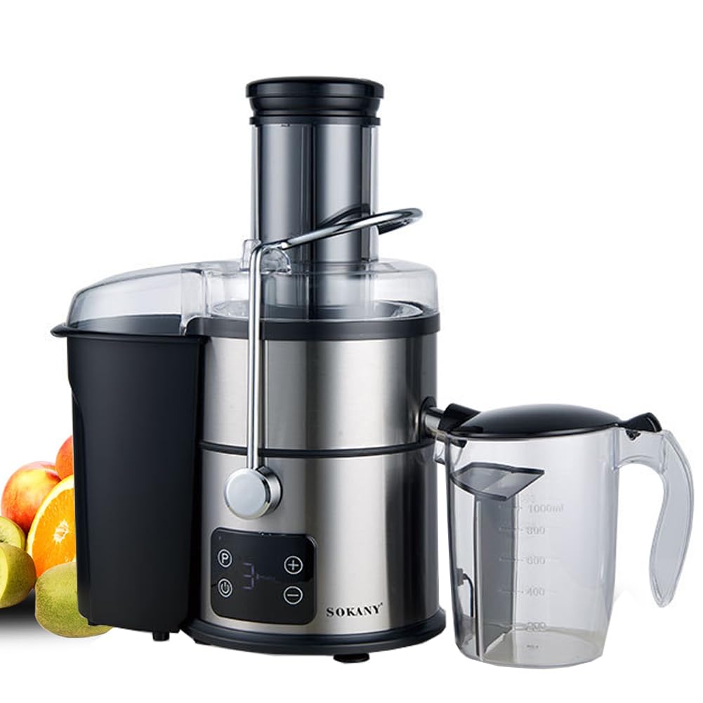 SOKANY 1200W Entsafter Gemüse und Obst, LCD Touchscreen und Quick-Juicer mit optimierter Saftausbeute, Große 85 mm Einfüllöffnung, 5 Geschwindigkeitsstufen, Einfach zu Reinigen, Schwarz/Edelstahl