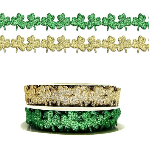 anshome 2 Rolls 10 Yards St. Patricks Day Ribbons Green Gold Shamrock Ribbon Clover Shape Craft Ribbons Trim Embellishment for Gift Wrapping Lucky Irish Party Decoration