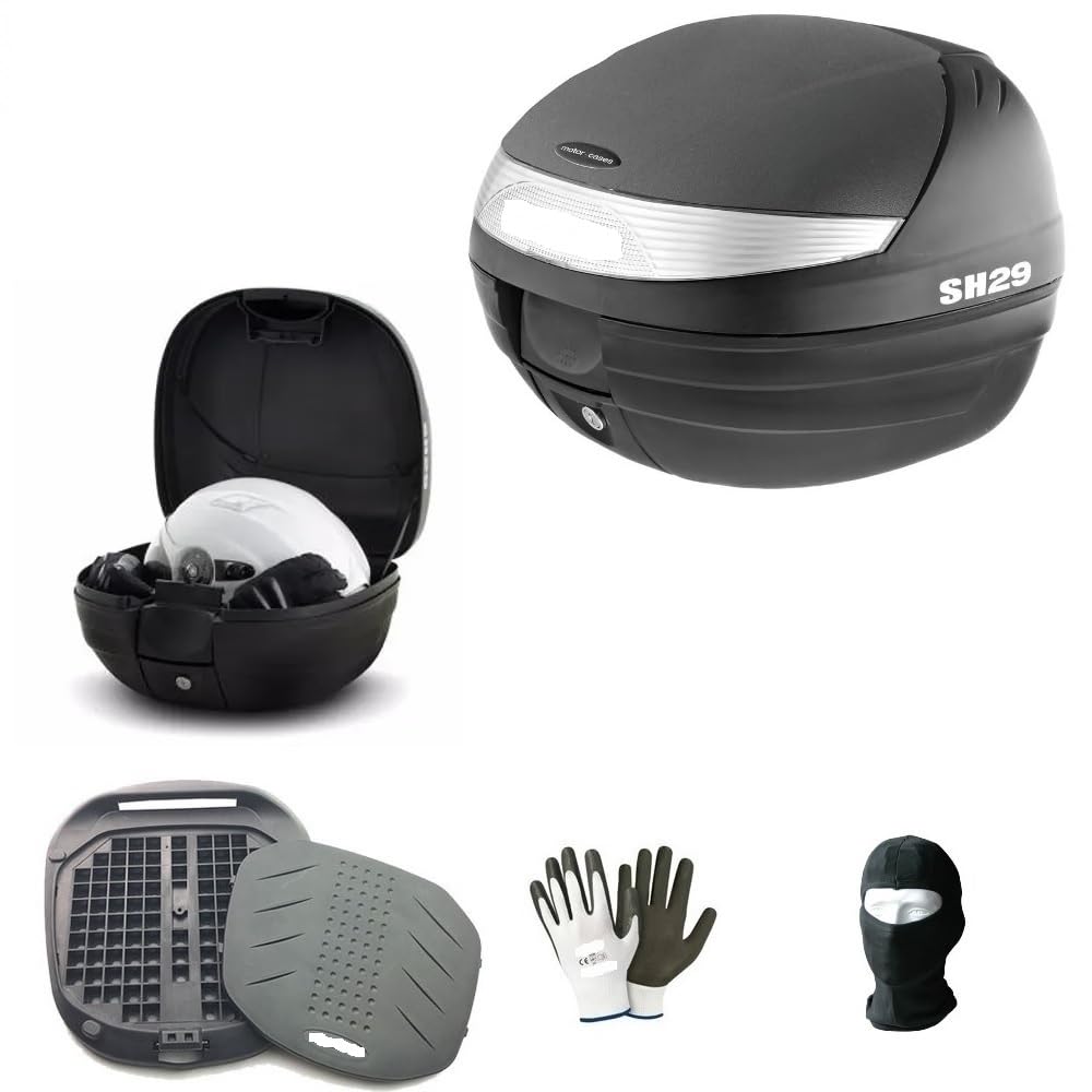 Compatible con Honda SH 125 Maletero Maleta SHAD 29 LT Negro+Sistema DE Cierre Seguro+PLAQUETA PORTAEQUIPAJE Moto-Scooter para Casco Integral Universal Jet-Modular