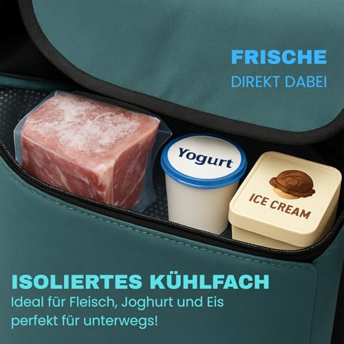 Allyson® Einkaufstrolley klappbar mit Reflektoren & Kühltasche, Einkaufswagen 45L Kapazität, Wetterfester Shopping Trolley, Treppensteiger Trolley mit Geräuschlosen Rädern & Abnehmbarer Tasche - Grün – Bild 6