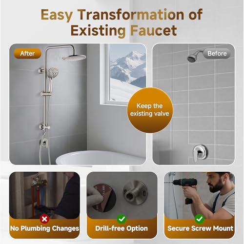 BRIGHT SHOWERS Rain Shower Heads System Including Rainfall Shower Head and Handheld Shower Head with Height Adjustable Holder, Solid Brass Rail, 60 Inch Long Stainless Steel Hose, Brushed Nickel