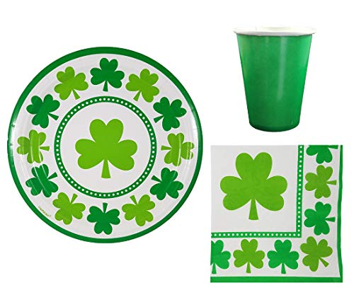 St Patricks Day Party Supplies Pack for 32 Guests Includes: 32 Shamrock Plates (9 inch), 32 Large Napkins with 3 Leaf Clover Design and 36 Green Cups