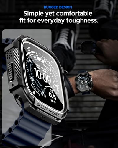 Image of Spigen for Apple Watch Ultra 3 /2 /1 Case, Rugged Armor Cover with Touch Sensitive Tempered Glass Screen Protector Durable Protective TPU Flexible Shock Proof Military Grade Bumper - Matte Black