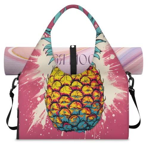 Yoga Tote Bag for Women Pineapple Fruit Beach Bag with Shoe Storage & Yoga Mat Strap Waterproof Weekender Duffle Bag for Travel Fitness Weekend Trips