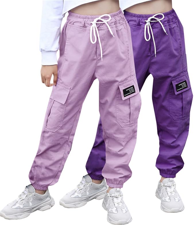 Image of SANGTREE Girl's&Women's 2 Packs Cargo Pants Elastic Waist Drawstring Tapered Multi Pockets Cargo Jogger Pants