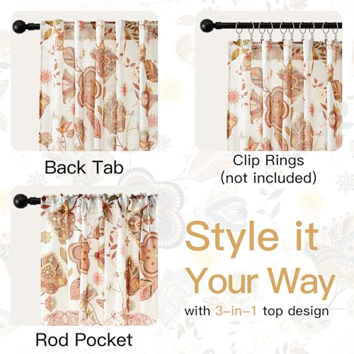 Image of Terracotta Floral Linen Curtains for Living Room Dining 96 Inches Long 2 Panels Back Tab Vintage Farmhouse Flower Pattern Window Drapes Semi Sheer Light Filtering Bedroom Burnt Orange Autumn Fall