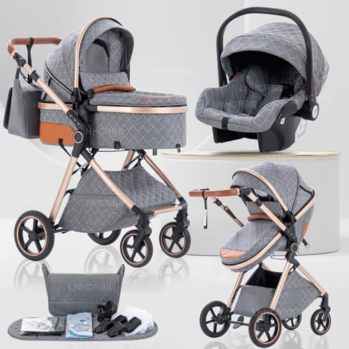 Lnhcrbs Kinderwagen 3 in 1 für Neugeborene, Reisesystem ist faltbar, Babywagen-Griff ist verstellbar, die Räder sind aus PU-Material, geeignet von Geburt bis 3 Jahre,Grau