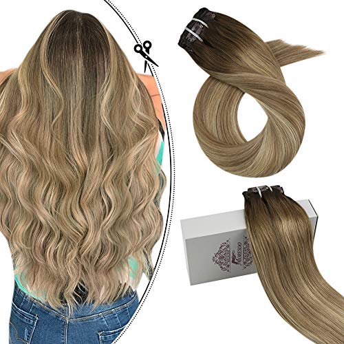 Moresoo 7PCS 100G Double Wefted Human Hair Extensions Clip in Hair 16inch Colored #3 Brown Fading to #8 and #22 Blonde Blonde Straight Clip in Hair Extensions Human Hair
