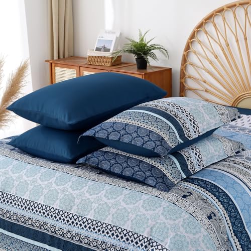 Image of Boho Comforter Set Queen Size,8 Pieces Navy Blue Bohemian Striped Bed in a Bag,Paisley Soft Microfiber Bedding Comforter Set