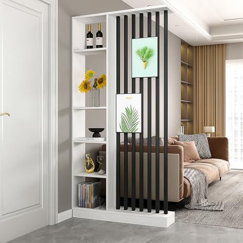 Wall Room Divider with Storage Shelves, Modern Freestanding Room Divider Screen, Open Room Wood Partition for Home & Office Decor (White + Black, 39.5' L x 9.5' W x 79.5' H)