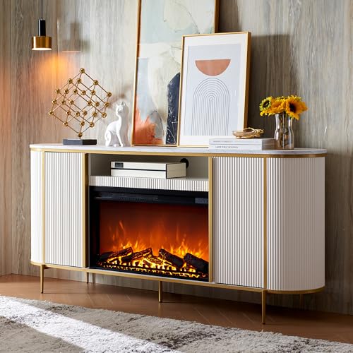 OKD Luxury 70' Fluted Fireplace TV Stand, Modern Chic Entertainment Center for TVs Up to 80 inches,...