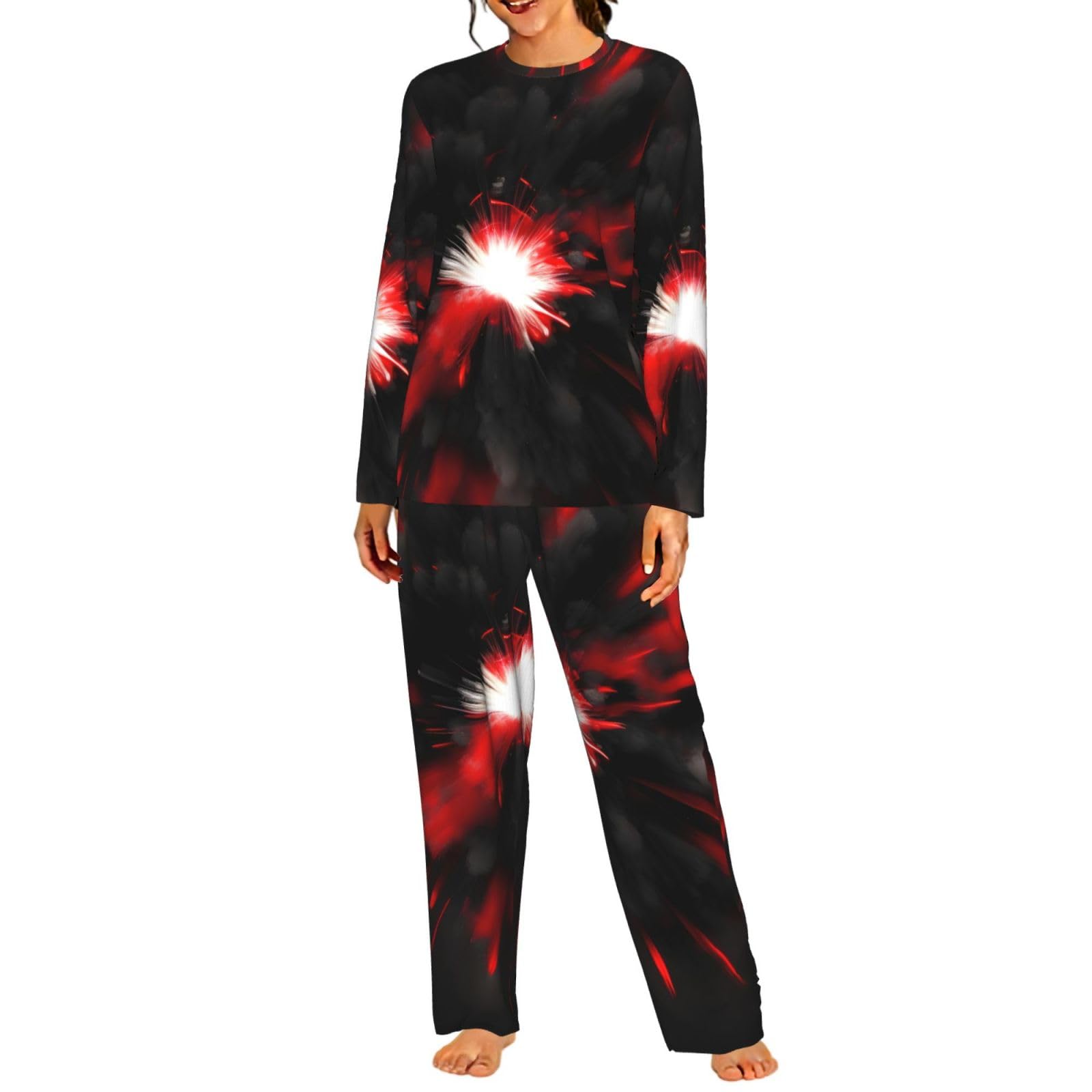 Explosion Burst Red Black Print Donna Manica Lunga Pigiama Vacanza Yoga Casual Gite Confortevole Pigiameria Regalo