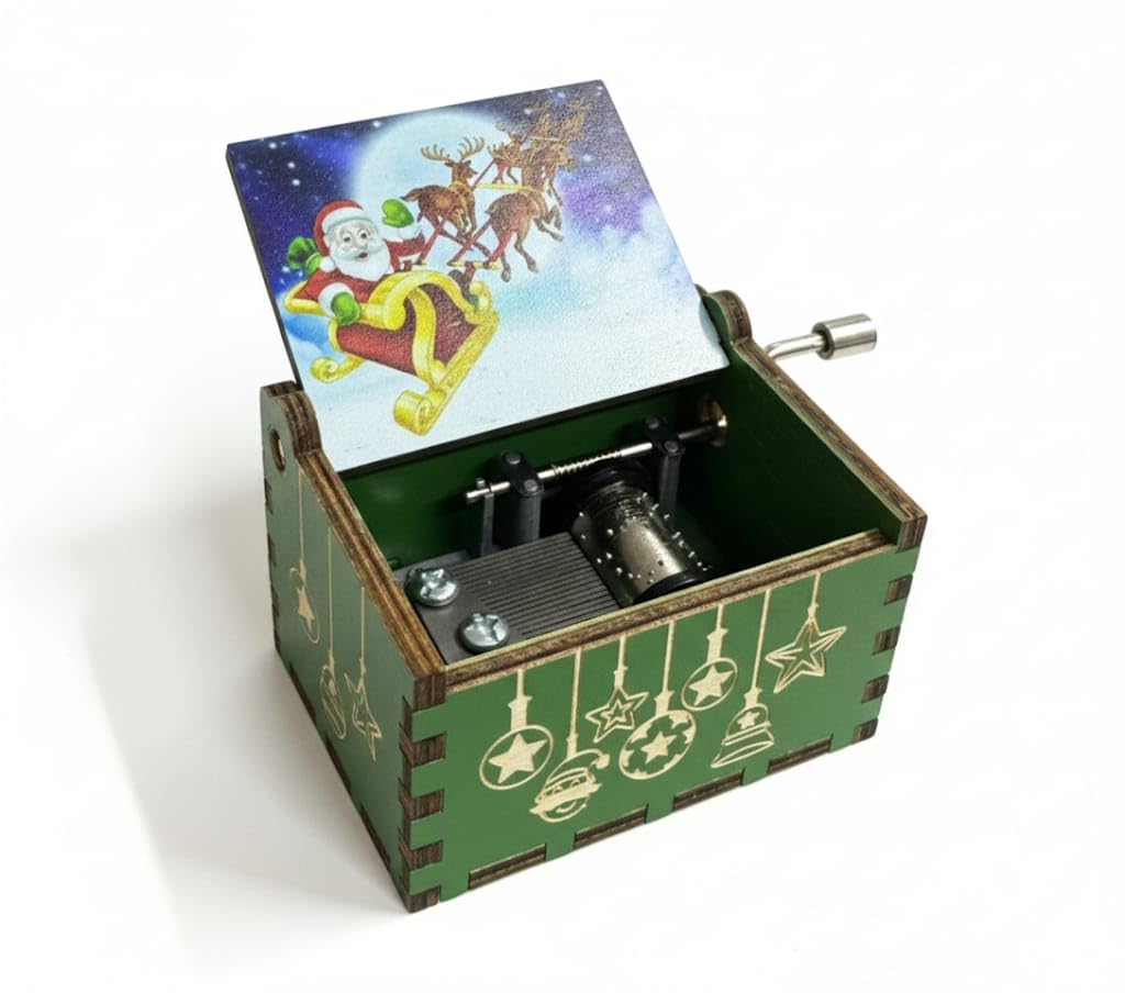 Ahşap Yılbaşı Müzik Kutusu, Merry Christmas Şarkısı Çalan, Çevirmeli Mekanizma, Noel Baba ve Ren Gey