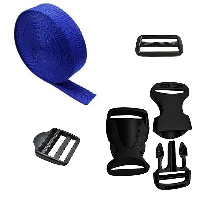 Side Release Buckles Clips, Tri-Glide Slides and Ladder Lock with 5mt 1in wide Nylon Webbing Strap for Backpack Repairing, Luggage Fastening Strap, Pet Collar Making and More DIY Projects